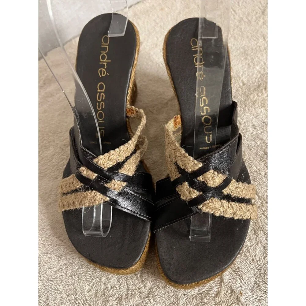 André Assous Women's Espadrille Wedge Sandals Size 7 Black & Natural Leather